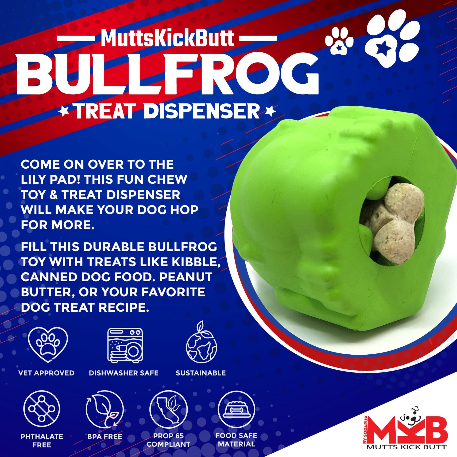SodaPup Bull Frog Dog Chew Toy & Treat Dispenser USA Made |