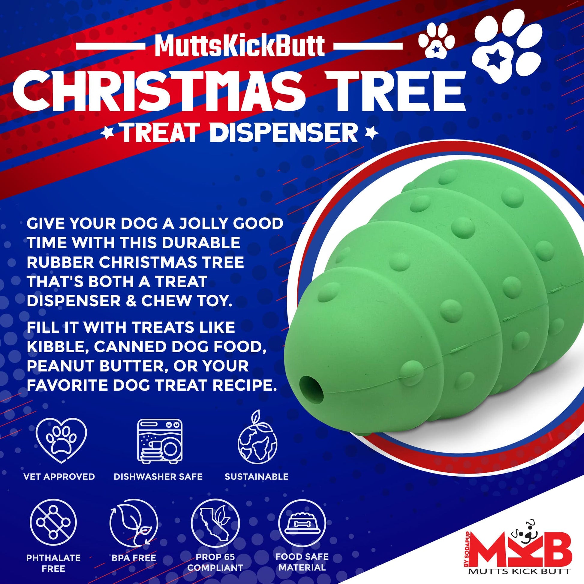 SodaPup Christmas Tree Dog Toy Durable Rubber Chew Large Dogs | USA Made