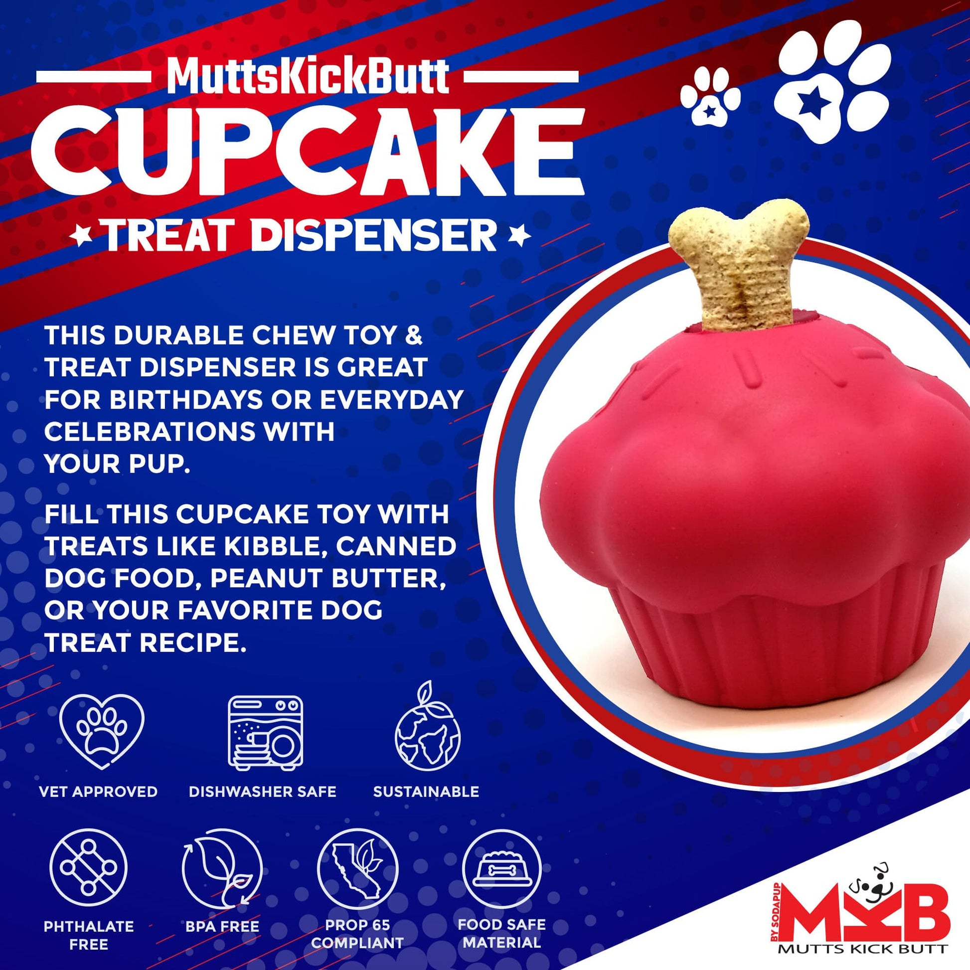 MKB Cupcake Durable Rubber Chew Toy & Dispenser at Sodapup SodaPup/True Dogs, LLC MKB Cupcake Durable Rubber Chew Toy & Dispenser at Sodapup SodaPup/True Dogs, LLC