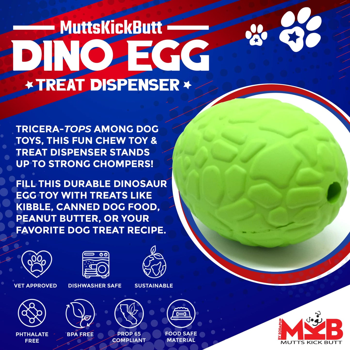 SodaPup Dinosaur Egg Dog Chew Toy & Treat Dispenser USA Made |