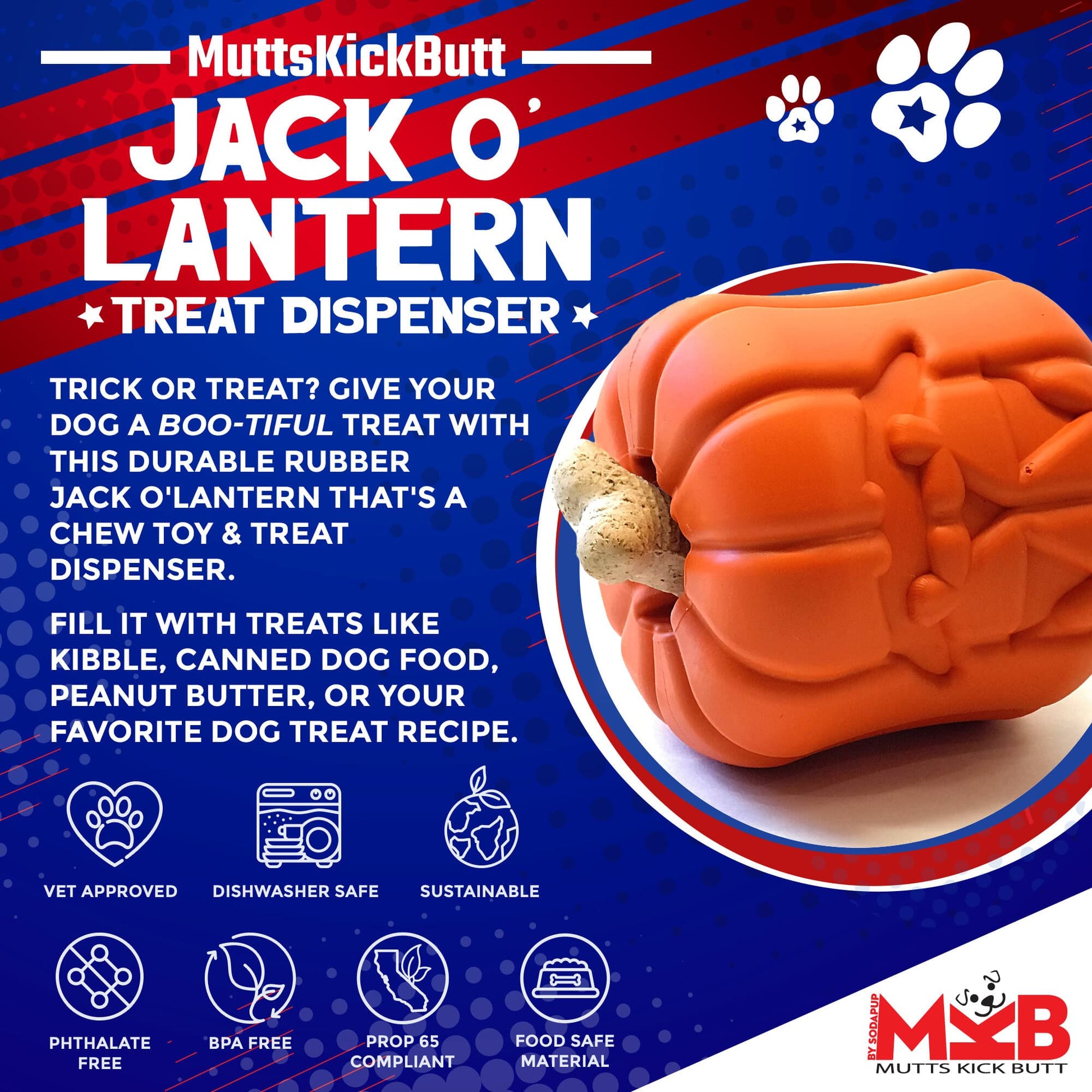 SodaPup Jack O' Lantern Dog Toy Durable Halloween Chew Large Dogs | USA Made