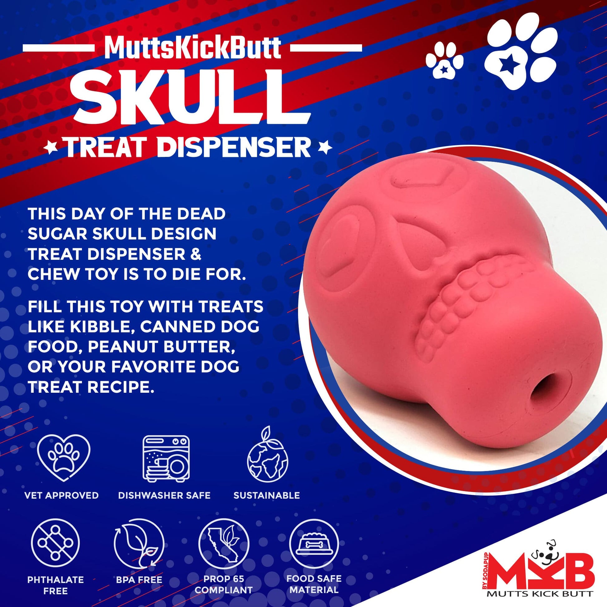 SodaPup Sugar Skull Dog Chew Toy & Treat Dispenser USA Made |