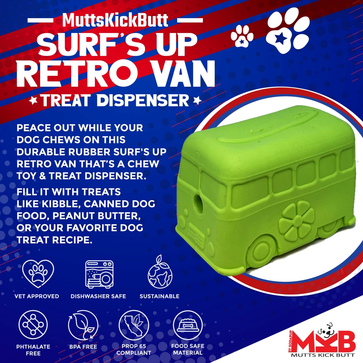 SodaPup Surf's Up! Retro Van Dog Toy Durable Chew Large Dogs | USA Made