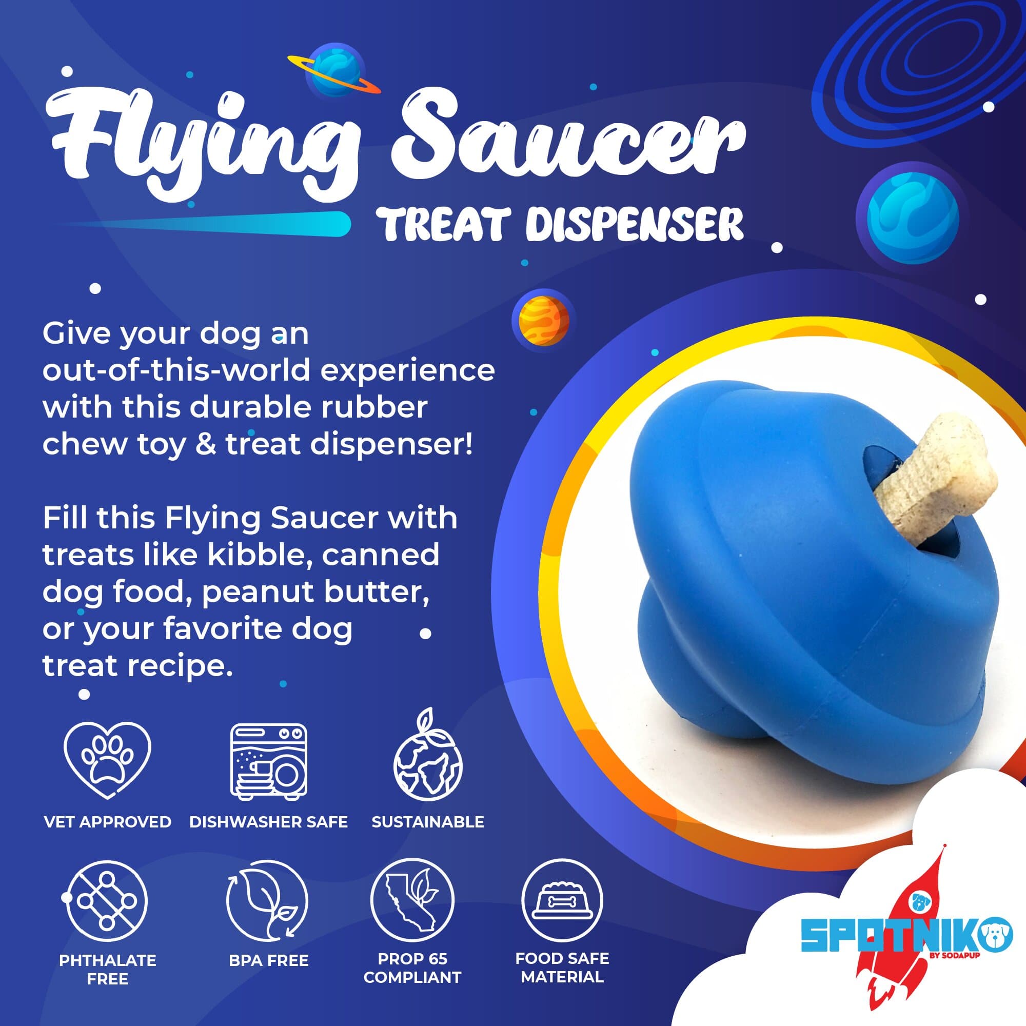 SodaPup Flying Saucer Durable Rubber Chew Toy & Treat Dispenser - Large Blue