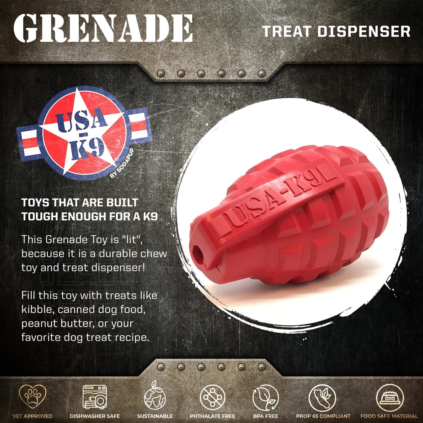 SodaPup USA-K9 Grenade Shaped eDispenser Durable Dog Chew Toy & Treat Dispenser Magnum Black