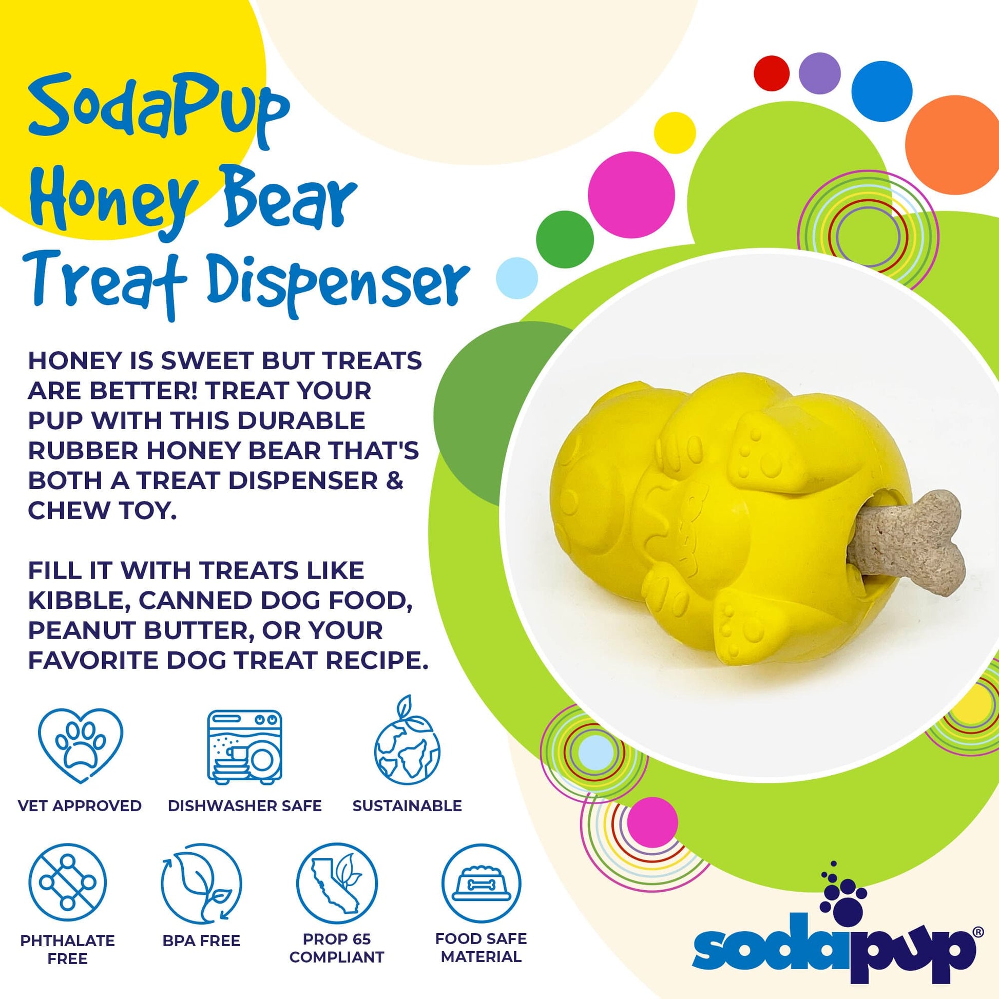 SodaPup Honey Bear eDispenser Durable Rubber Treat Dispenser Dogs | USA Made