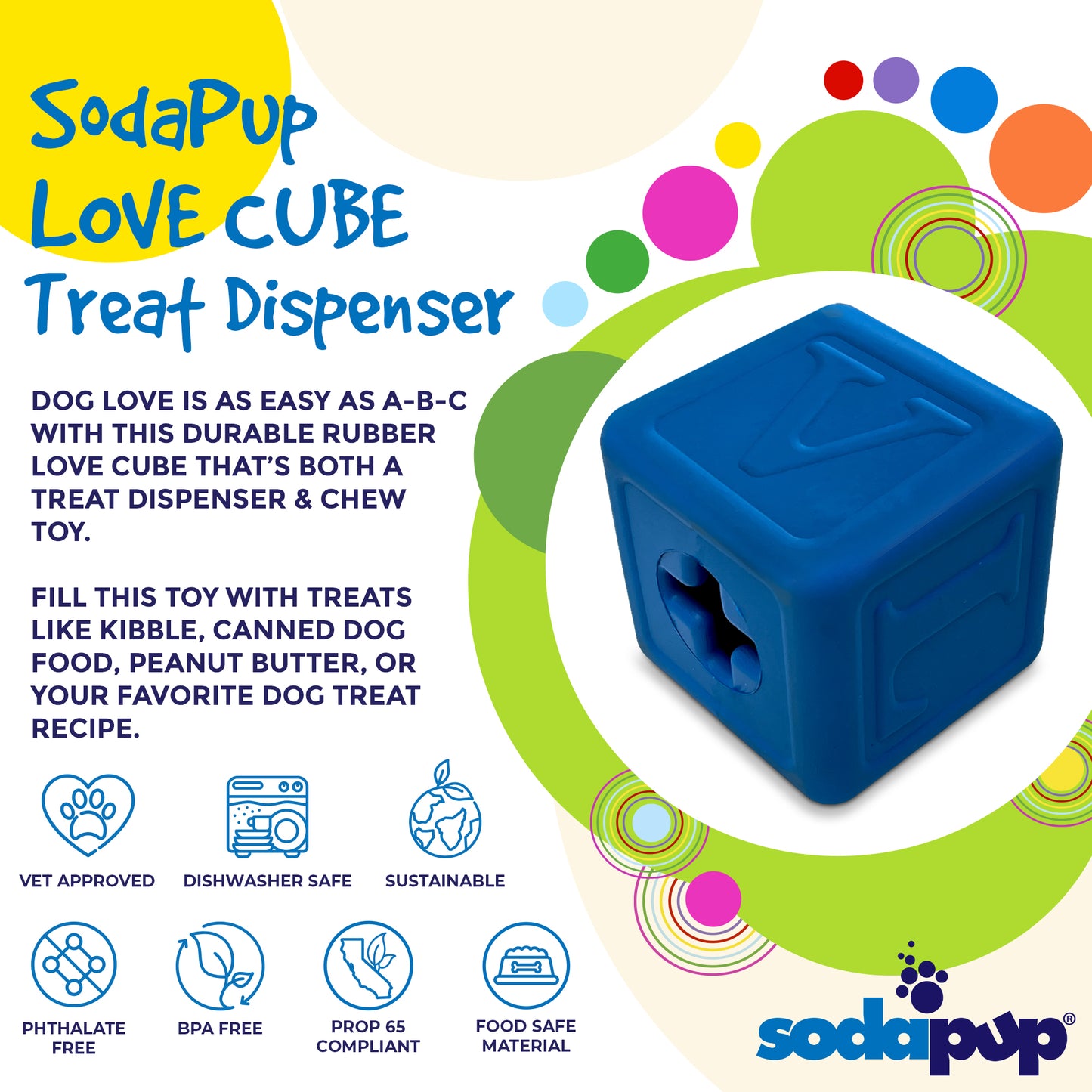 SodaPup Love Cube eDispenser Durable Rubber Chew Toy & Treat Dispenser | USA Made