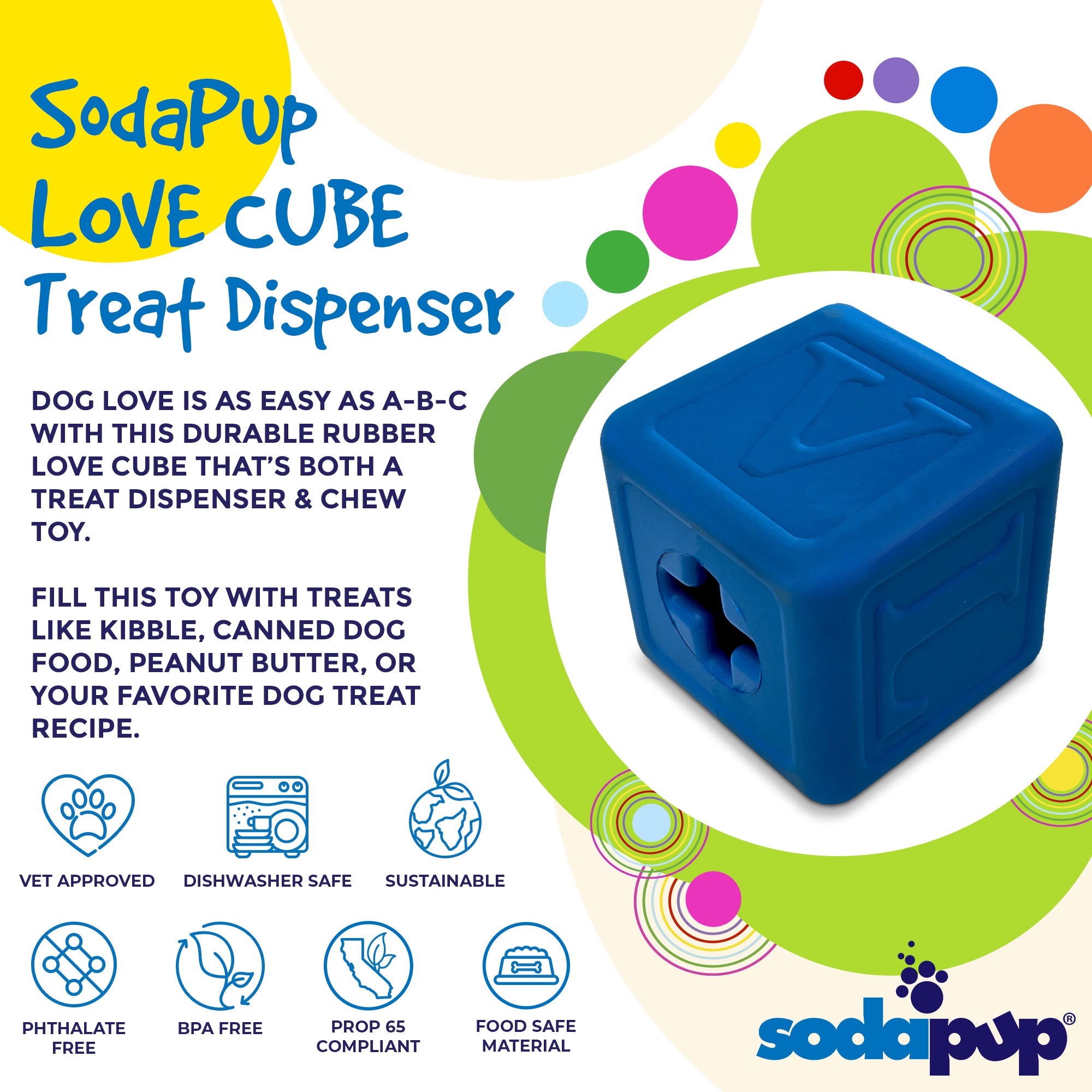 Sodapup Blue Love Cube Durable Rubber Chew Toy and Enrichment Toy