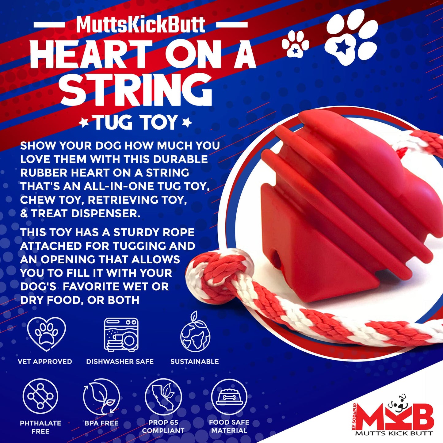 SodaPup Heart String Dog Toy Durable Rubber Tug Large Dogs | USA Made