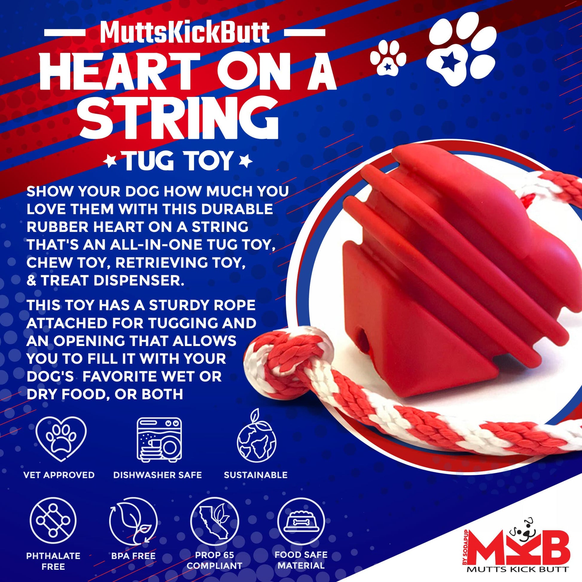SodaPup Heart String Dog Toy Durable Rubber Tug Large Dogs | USA Made