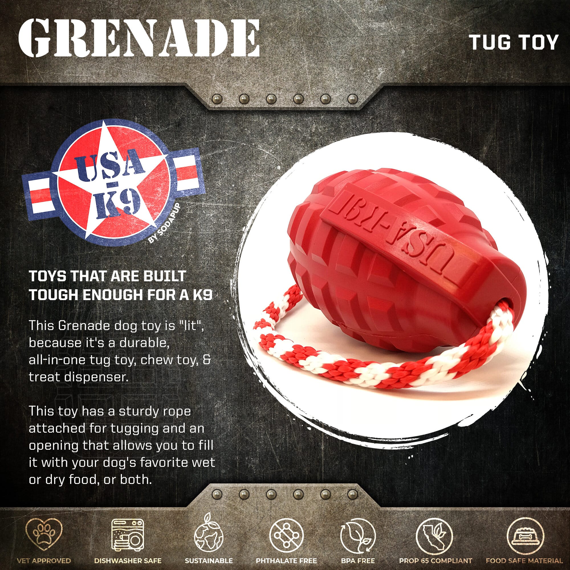 USA-K9 Grenade Rubber Dog Chew Toy | K9 Handler Reward Toy | Blue