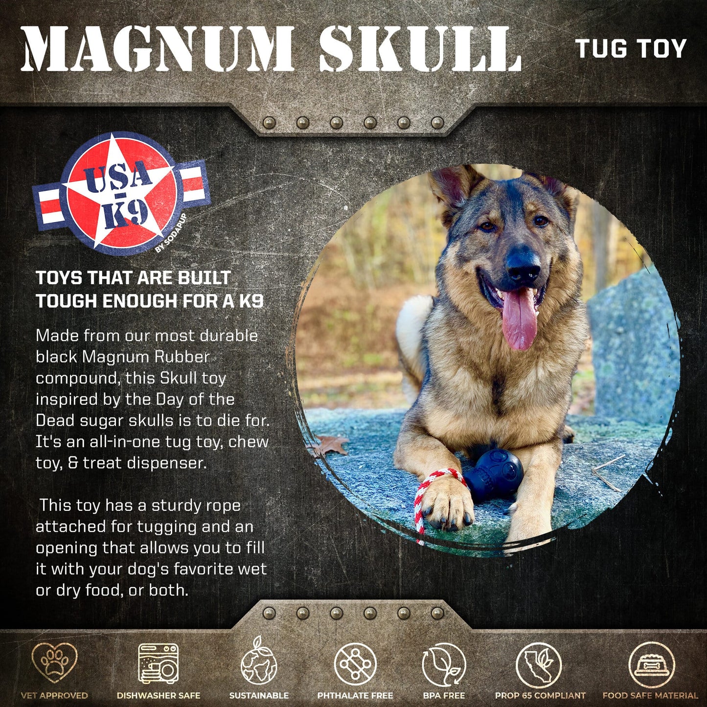 SodaPup USA-K9 Magnum Skull Black Rubber Chew Toy Extreme Chewers | USA Made