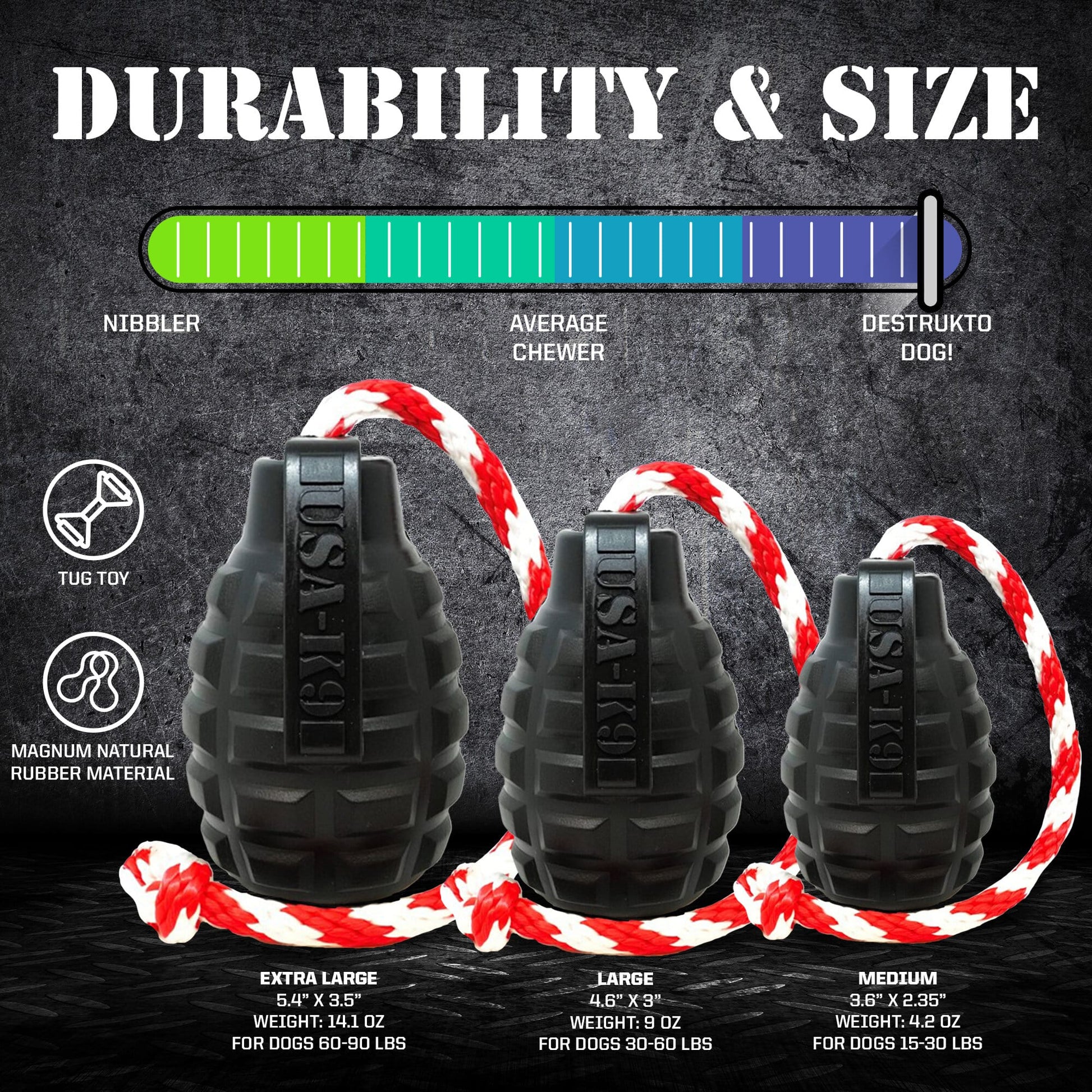 SodaPup USA-K9 Magnum Grenade Black Rubber Chew Toy Extreme Chewers | USA Made