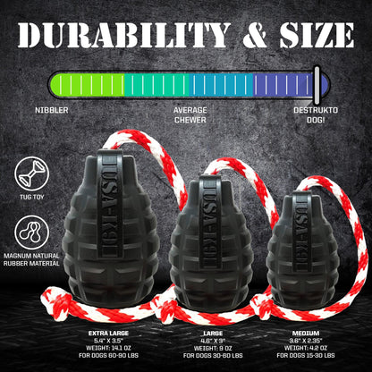 SodaPup USA-K9 Magnum Grenade Black Rubber Chew Toy Extreme Chewers | USA Made
