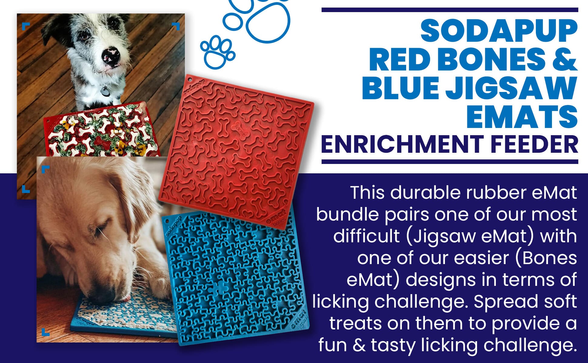 SodaPup Blue Jigsaw & Red Bones Dog Lick Mat Bundle | 2-Pack Large Variety eMat