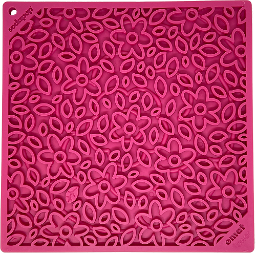 Large pink SodaPup Flower Power eMat lick mat with a flower pattern