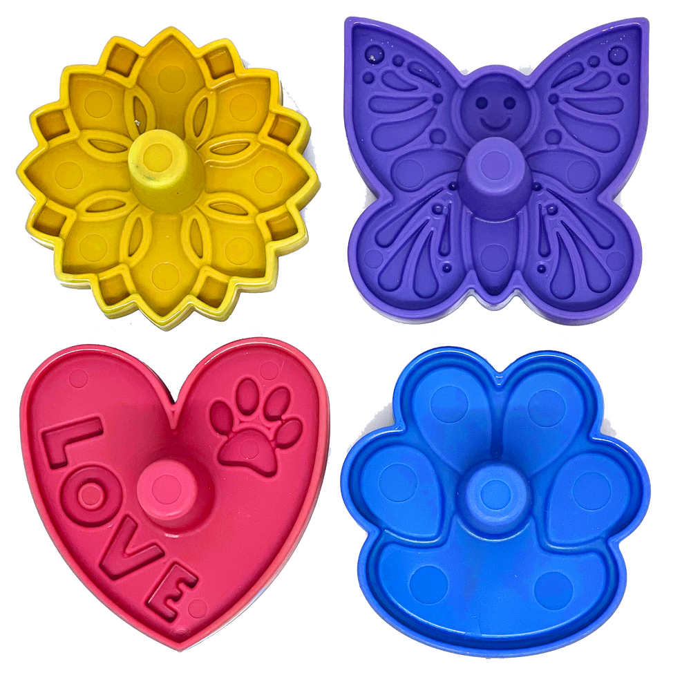 Unstoppables stoppers in four shapes: yellow flower, purple butterfly, pink heart, and blue paw